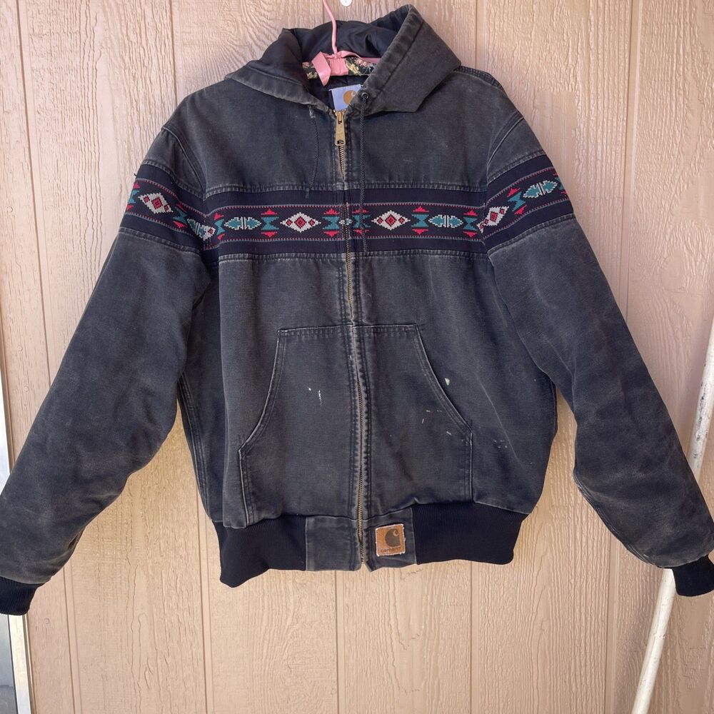 Vintage Carhartt Aztec Quilt Lined Hooded Jacket Mens L BLK RARE 90s